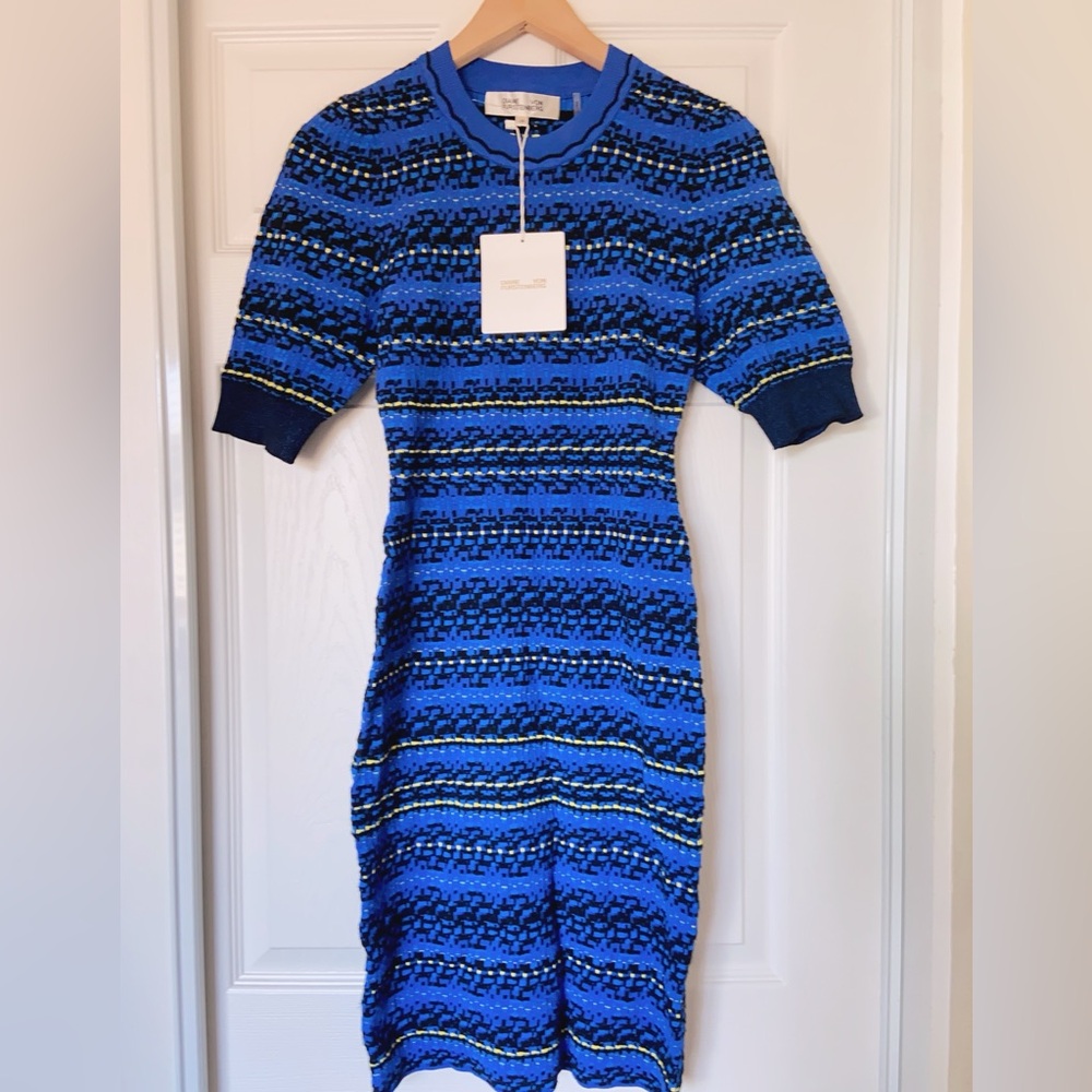 NWT DVF Harry Jacquard Knit Midi Dress Vintage Stripe Teal